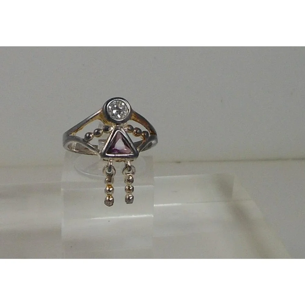 Vintage 90s Sterling Silver Angel Dangle Ring Purple & Clear CZ Stone's Size 7